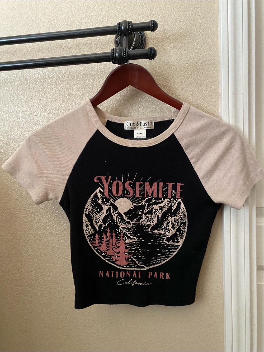 Cut & Paste Black Crop Tee with Beige Raglan Sleeves - Yosemite Graphic